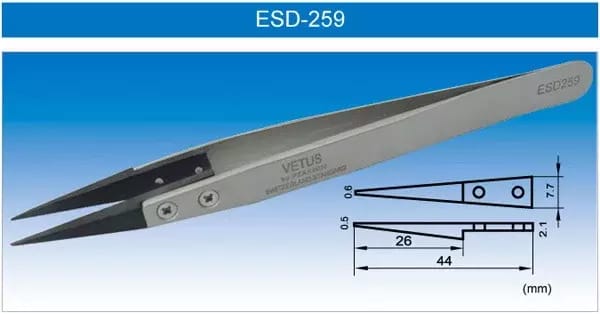 Pincette antistatique en acier inoxydable VETUS ESD-259 avec pointe en PPS – 2