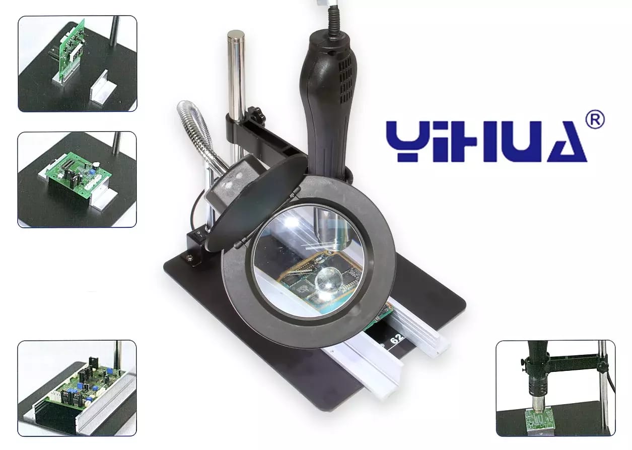 Support pour circuits imprimés avec lampe LED, loupe et support YIHUA 628TD – 2