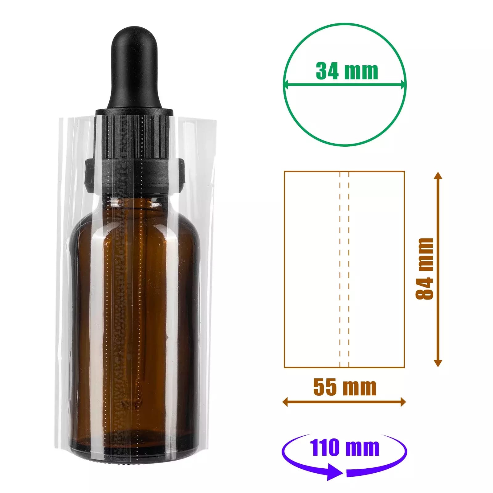 Film rétractable transparent 84x55mm avec perforations pour bouteilles et emballages, diamètre jusqu'à 34mm