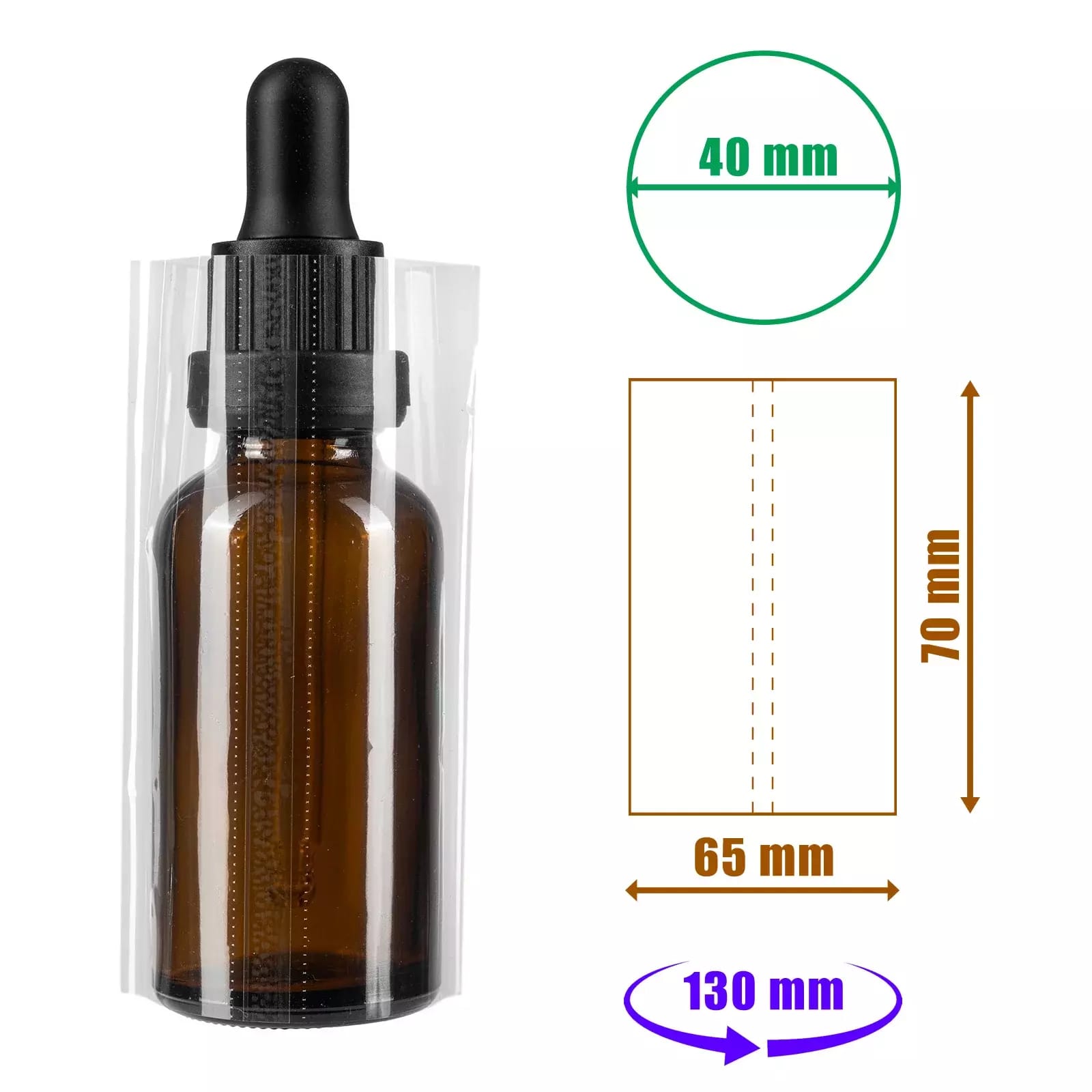 Film rétractable transparent 70x65mm avec perforations pour bouteilles et emballages, diamètre jusqu'à 40mm